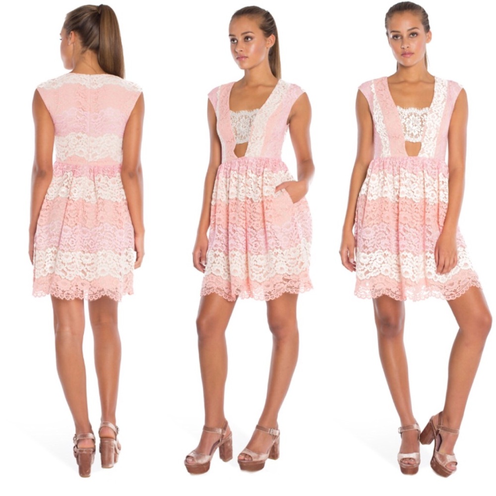 A.B.S. Kayla Deep-V Fit & Flare Mini Dress Pink Tonal Lace Sz 8